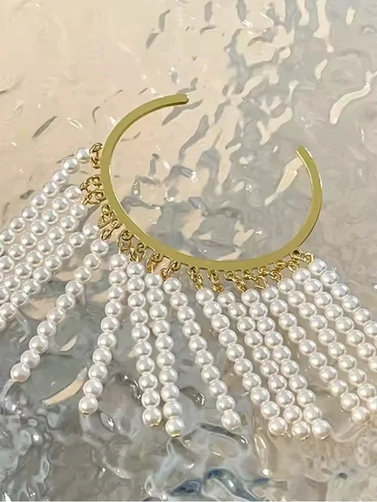 Anthropologie Gold Cuff Pearl Fringe Bracelet - White Pearls - Picture 6 of 6